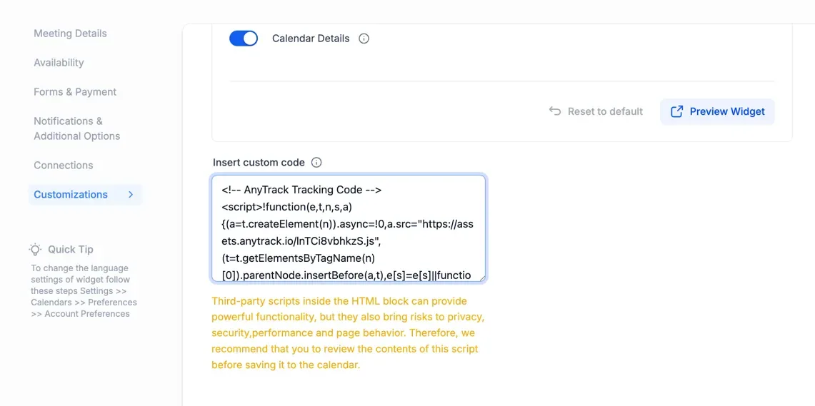 AnyTrack's official HighLevel calendar setup example, showing where its tracking code is inserted.