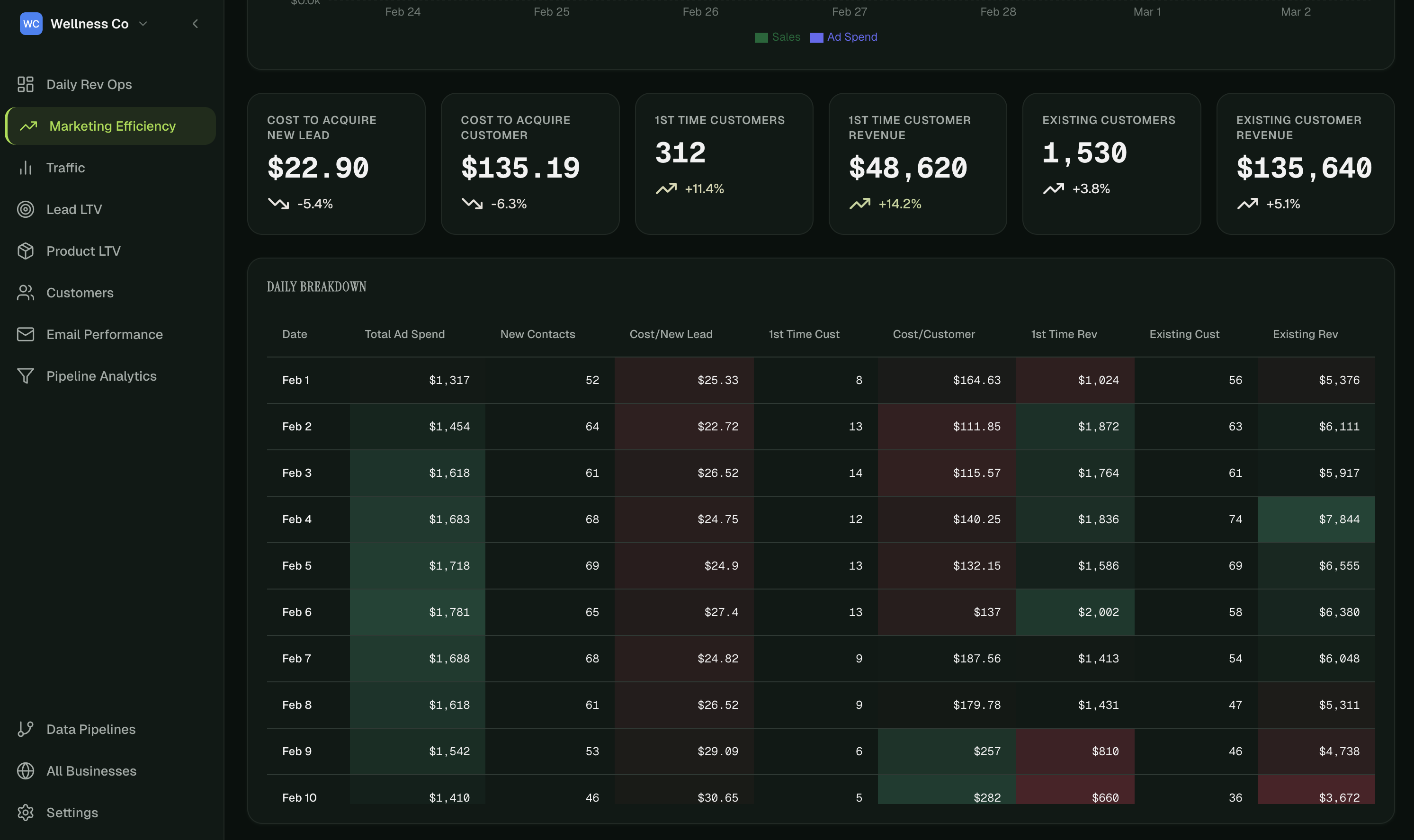 HelloConversions Marketing Efficiency daily breakdown table showing ad spend, new contacts, cost per lead, and first-time vs existing customer revenue